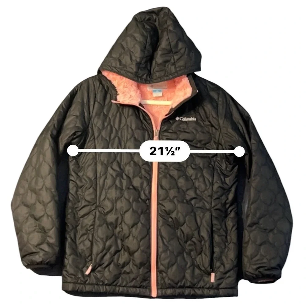 Columbia Girls XL Black Quilted Hooded Jacket Pink Fleece Lined Full Zip Coat